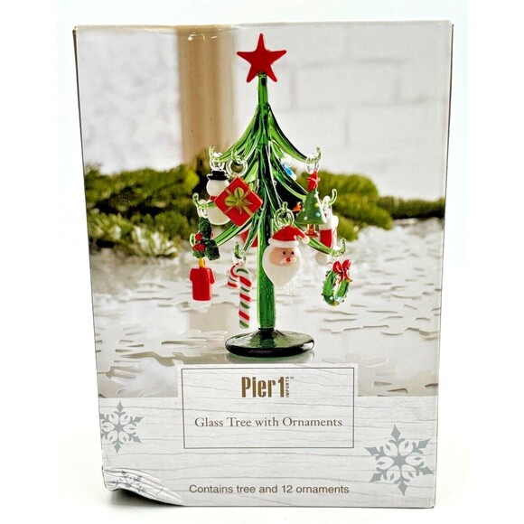 Pier 1 Imports Blown Art Glass Christmas Tree With 12 Min Glass Ornaments 6" h - Picture 1 of 11